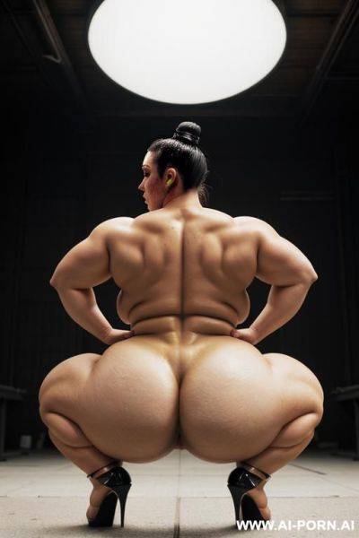 Female sumo, obese muscled bulked up, huge thighs, look over her shoulder, show asshole, gaped asshole, totally naked - ai-porn.ai on pornsimulated.com