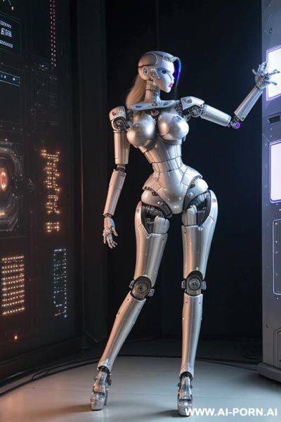 Sexbot, side view, full body view, standing upright, sticking out the ass, hands on spaceship control desk, looking at viewer, beautiful seductive human face with tanned silicone skin, long - ai-porn.ai on pornsimulated.com