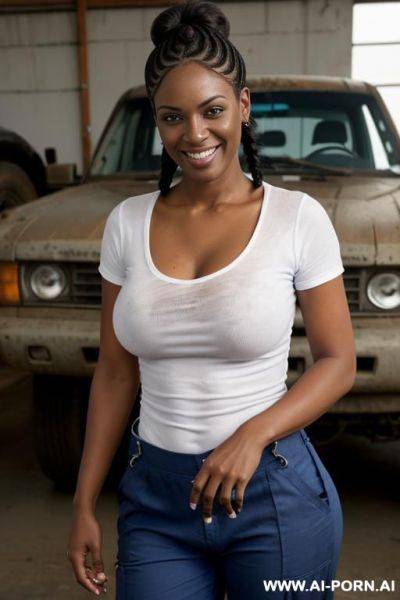 3 woman, black hair, braids ponytail, europeen face shape, black woman, large v-neck, onesy jean suit, sweating, full body view, large shot, teasing - ai-porn.ai on pornsimulated.com