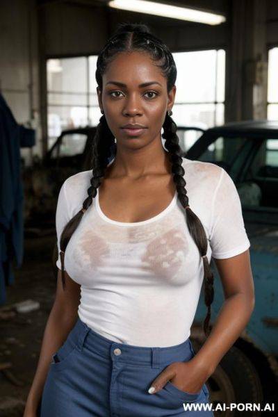3 woman, black hair, braids ponytail, europeen face shape, black woman, sweating, full body view, large shot, teasing - ai-porn.ai on pornsimulated.com