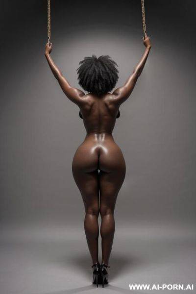 Full body shot of a nude, ebony woman with large breasts and a standing in the center of the image fully backds to the expectator with her arms raised above her head fully extended. she - ai-porn.ai on pornsimulated.com