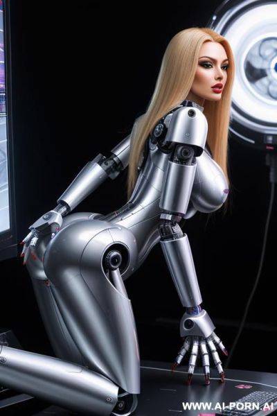 Sexbot, side view, full body view, standing upright, hands on spaceship control desk, looking at viewer, beautiful seductive human face with tanned silicone skin, long straight blonde hair, big - ai-porn.ai on pornsimulated.com