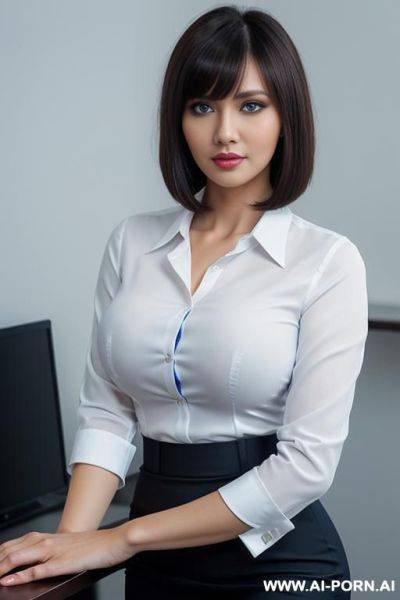 Business shirt, pencil skirt, ((high detailed face)), short hair with bangs, cleavage, ((blue eyes)), ((white shirt)) - ai-porn.ai on pornsimulated.com