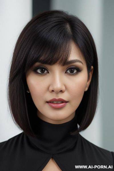 Business shirt, pencil skirt, ((high detailed face)), short hair with bangs, cleavage - ai-porn.ai on pornsimulated.com