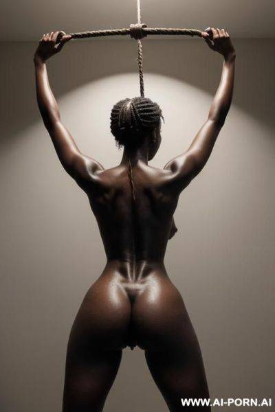 Full body shot of an ultra realistic nude, ebony woman with large breasts ,standing in the center of the image fully backds to the expectator with her arms raised above her head fully - ai-porn.ai on pornsimulated.com