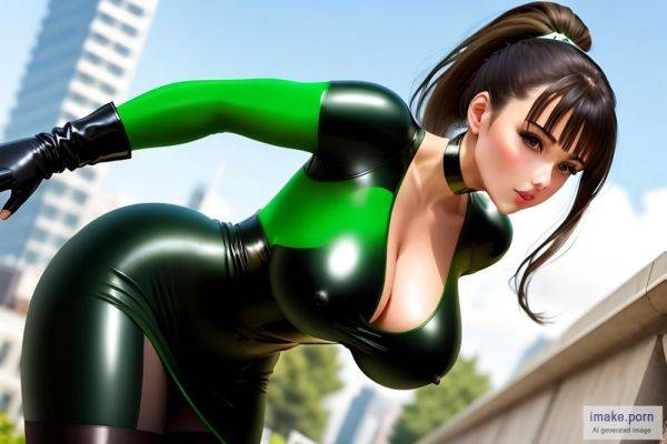 Green tights latex dress , ponytail hair brunette, fake big... - imake.porn on pornsimulated.com