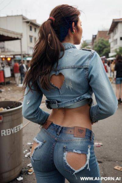 A woman is wearing worn out ripped jeans and a holey jeans jacket. she is bending over, a rip in her pants below the back pockets is visible. there are more rpis and holes in the - ai-porn.ai on pornsimulated.com