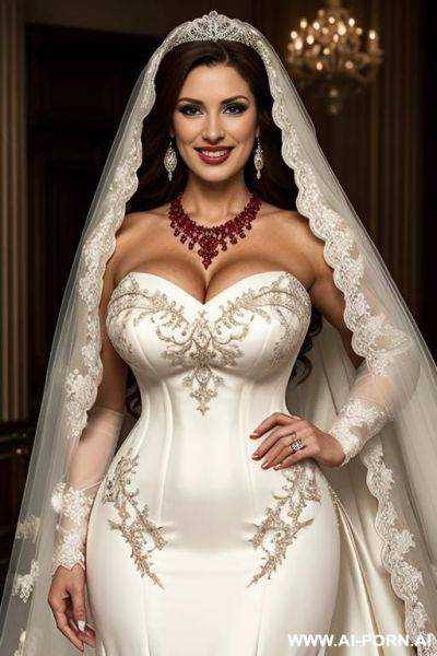 Mature, curvaceous, blonde, milf, perfect hourglass figure, smiling, necklace, earrings, eye contact, bride - ai-porn.ai on pornsimulated.com