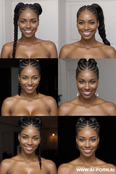 3 woman, black hair, braids ponytail , europeen face shape, black woman, full body view, large shot - ai-porn.ai on pornsimulated.com