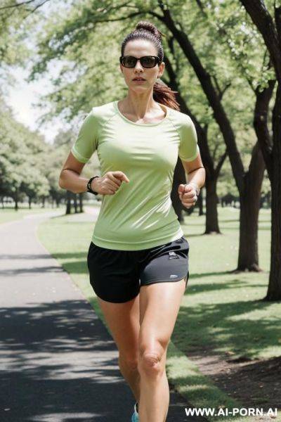 Suburban mom, jogging in the park, tight running shorts - ai-porn.ai on pornsimulated.com