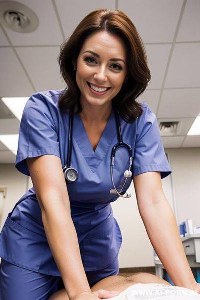 (close up) (smiling) (nurse) (scrubs) (exam room) (bending down) - ai-porn.ai on pornsimulated.com