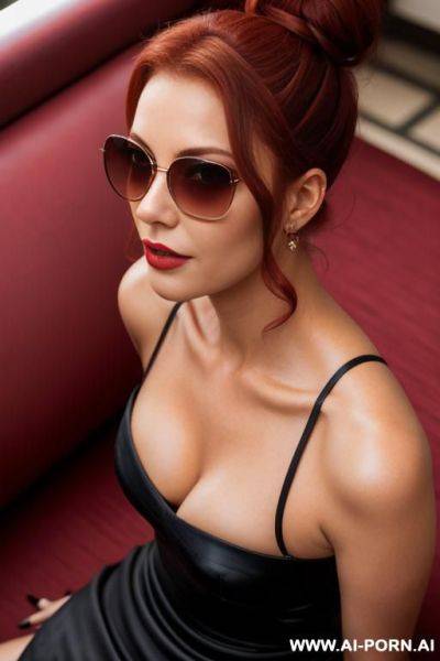 Hair bun, dark red hair, on the knees, from above, eye contact sunglasses, seductive face, hotel - ai-porn.ai on pornsimulated.com