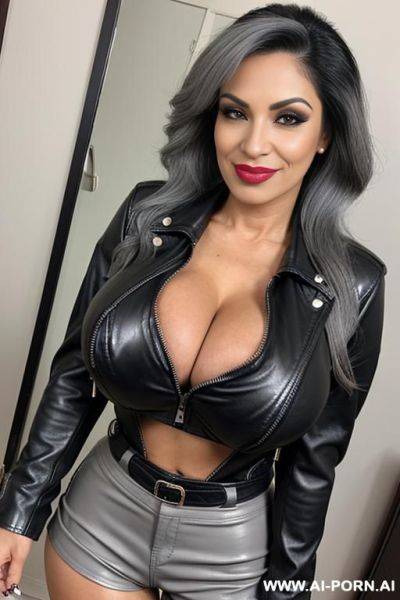 ((((latina milf)))) with ((((gigantic tits)))) and ((long hair)), (makeup) , ((tight black leather jacket)) (((tight black leather hotpants))) ((((selfie)))) ((grey hair)) - ai-porn.ai on pornsimulated.com
