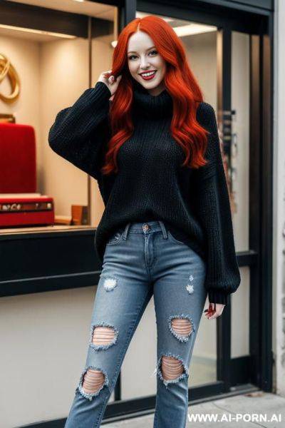 Woman, full body, standing, long red hair, smile, wearing loose black sweater, ripped blue jeans, musical instrument store - ai-porn.ai on pornsimulated.com
