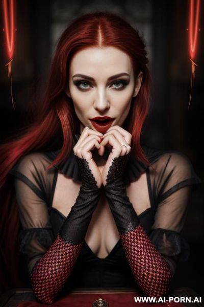 Red goth lady vampire, vampire fangs, wide mouth, neon medieval cyberpunk tavern, (hypnotic glow art, uv reactive), shining magic, hazel eyes, sleeveless, ashen natural skin without makeup, high - ai-porn.ai on pornsimulated.com