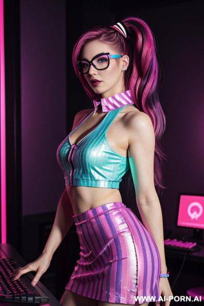 [bubblegum] lady vampire, neon, 0s cyberpunk, (glow art, uv reactive), shining magic, ashen natural skin without makeup, high contrast shades, hard light, sleeveless patterned meshed top, detailed - ai-porn.ai on pornsimulated.com