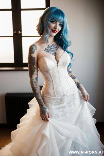 Wedding dress, blue hair, tattoos, happy, joyful, red high heels - ai-porn.ai on pornsimulated.com
