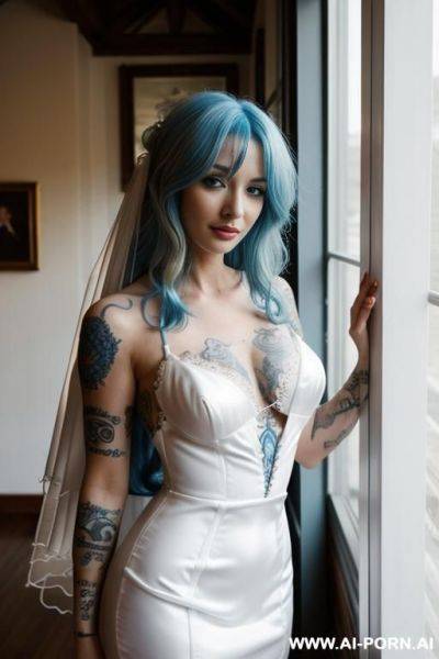 Wedding dress, blue hair, tattoos, happy, - ai-porn.ai on pornsimulated.com