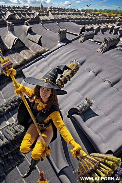 Realistic photo, best quality, highly detailed, summer, clouds in the background, (((((woman rides on a witch broom))))), (((((the broomstick long clamped in the crotch))))), the wet cunt pressed - ai-porn.ai on pornsimulated.com