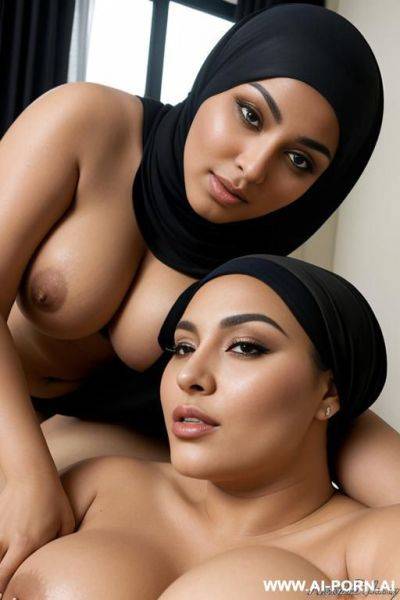 A beautiful chubby arab woman wearing hijab naked big boobs as she is laying on top of her womanfriend in a tribbing position - ai-porn.ai on pornsimulated.com
