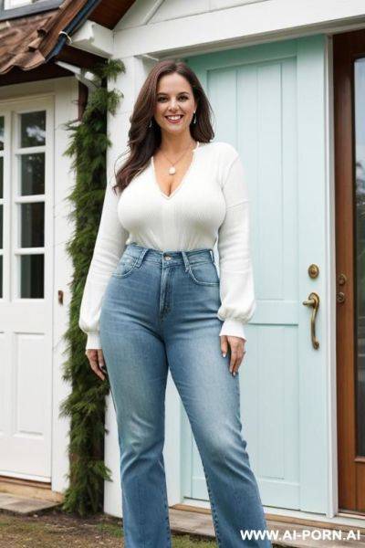 White woman, full body, standing, smiling, long straight dark brown hair, triangular hips, thick thighs, huge breasts, wearing white woolen blouse with long sleeves, light blue jeans. the house in the background has green walls and a blue wooden door - ai-porn.ai on pornsimulated.com