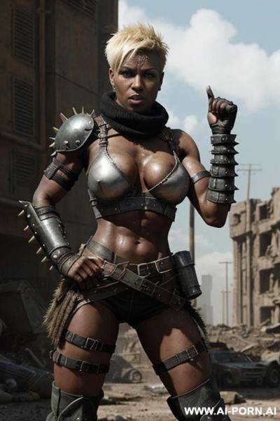 Soldier on a ruined city battlefield. muscular body with toned abs. shorty, spiky punk hair. sweat and grime on body. armoured shoulder pads. armoured legs. fallout raider. mad max. very dark black woman. - ai-porn.ai on pornsimulated.com