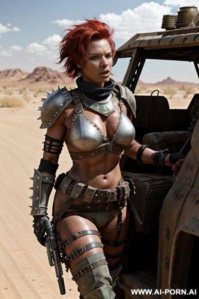 Soldier on a desert battlefield. muscular body with toned abs. shorty, spiky punk hair. sweat and grime on body. armoured shoulder pads. armoured legs. holding crossbow in hand. fallout raider. mad max. black woman. - ai-porn.ai on pornsimulated.com