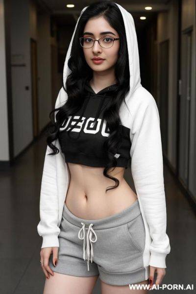 Pale skin, cute, beautiful, indian woman, round glasses, shorts, chubby, navel piercing, hoodie - ai-porn.ai - India on pornsimulated.com