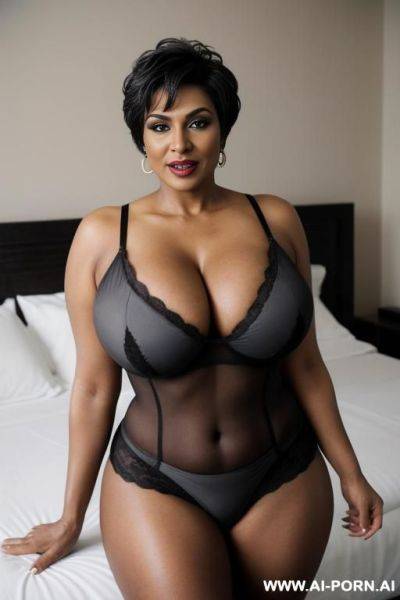 A horny black milf, image frame from head to knee, makeup, (beautiful face), in bedroom, short pixie hair, (grey hair) - ai-porn.ai on pornsimulated.com