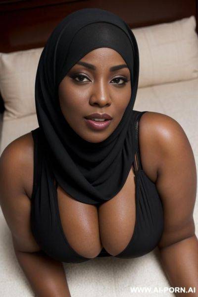 Curvy black bimbo, dark skin, large gigantic massive oversized breasts, black hijjab that covers her body, happy horny seductive expression, sleepy eyes, kneeling on the floor, bending over, front view - ai-porn.ai on pornsimulated.com