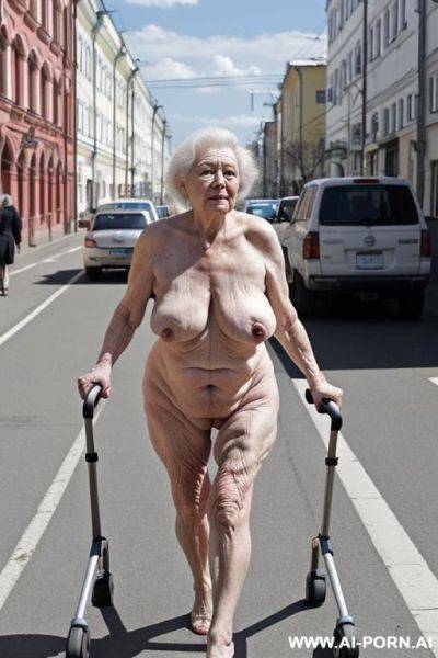 The totally naked elderly russian woman leans on the walker with both hands, walking slowly and cautiously, looking ahead. saggy boobs. full body frontal wiew. - ai-porn.ai - Russia on pornsimulated.com