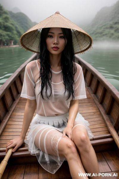Vietnamese girl, seductive look on her face, sitting down, naked, front view, open legs, showing hairy pussy, dripping wet pussy, long black hair, wet messy hair, wearing bamboo hat, on a - ai-porn.ai - Vietnam on pornsimulated.com