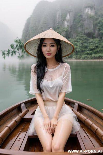 Vietnamese woman, fair skin, sitting, showing pussy, long black hair, wet messy hair, wearing bamboo hat, on a wooden boat, foggy rainy weather, at a lake, wearing sheer wet white t-shirt, wearing skirt - ai-porn.ai - Vietnam on pornsimulated.com