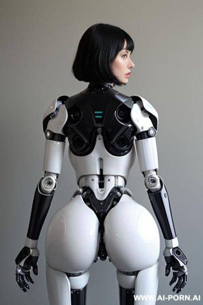 Beautiful wonderful realistic (( taur-women fully robotic body standing four legs with four wheels at the ends)), detaleid face, skin in latex white and skyblue color, covered to latex, - ai-porn.ai on pornsimulated.com
