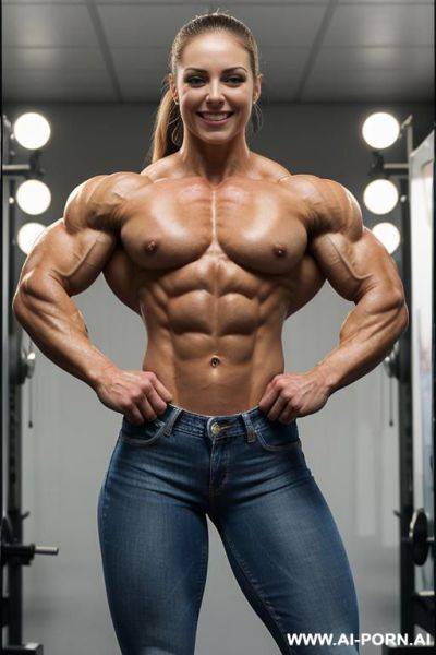 ((topless)), (topless strongest muscular texas babe ifbb pro), (tight jeans), (pretty face), (wide hips), (flirty smirk), (classy), (seductive smirk), (sexy bright big eyes), (short voluminous hair), - ai-porn.ai on pornsimulated.com