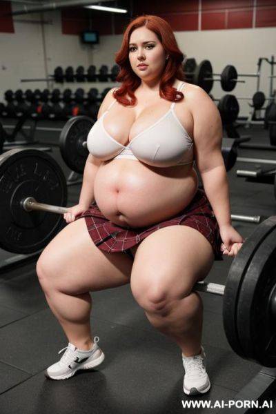 Obese bbw pregnant beautiful milf sumo, wide hips, thick thighs, big round fat ass, ((big bloated gigantic pregnant belly)), with plaid skirt - ai-porn.ai on pornsimulated.com