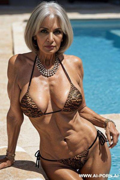 Matured old milf, wrinkles, wrinkled skin, aging marks, extremely tanned skin, saggy old boobs, animal print hooker bikini, necklace, elries, perfect eyes, waist shot, swimming pool - ai-porn.ai on pornsimulated.com