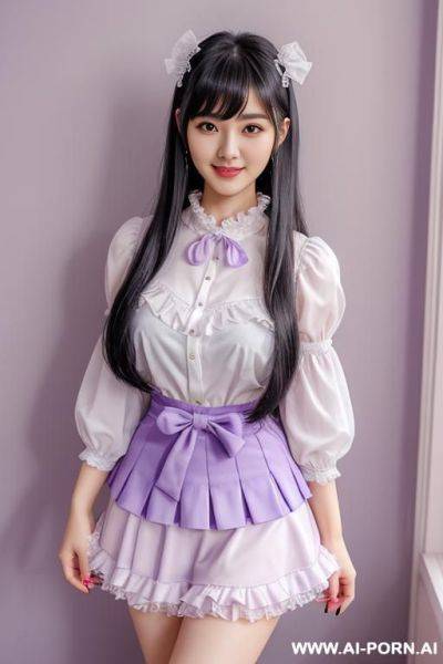 Kawaii, idol, black hair, tails, bangs, white lace ribbon hair tie, proud face, frilly pastel purple blouse, frilly pastel purple skirt, studio - ai-porn.ai on pornsimulated.com