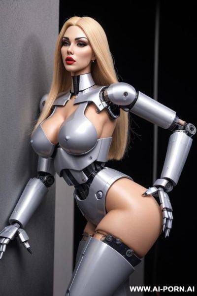 Robot, front view, full body view, leaning back against wall, looking at viewer, angry face, open mouth, shouting, beautiful, long straight blonde hair, big lips, wide jaw, heavy makeup, silicone - ai-porn.ai on pornsimulated.com