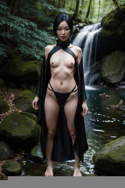 Near waterfall in forest, undressing for a swim - ai-porn.ai on pornsimulated.com