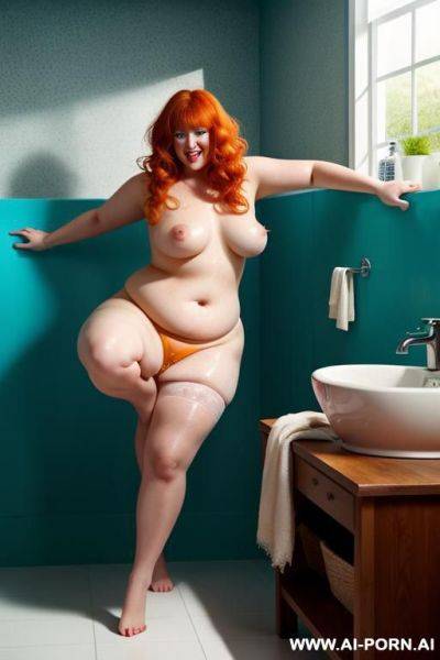 Half-length photo, as a setting in the laundry area, a fat chubby fat thick and bbw redhead british, she is washing clothes and is soaked in foamy water. she has lovehandless and a soft - ai-porn.ai - Britain on pornsimulated.com