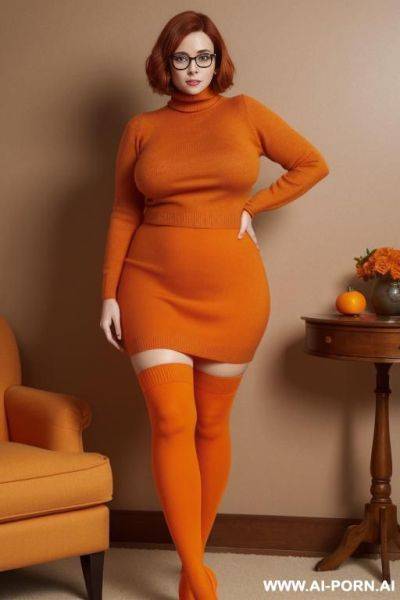 Short auburn hair in a bob cut, square-rimmed glasses, round face with s, caucasian woman, orange turtleneck sweater, short red-orange skirt, knee-high orange socks, long high-heels, full body view, wide shot - ai-porn.ai on pornsimulated.com