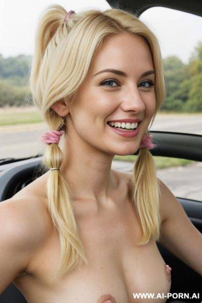 Shy lady showing pink pussy on car - ai-porn.ai on pornsimulated.com
