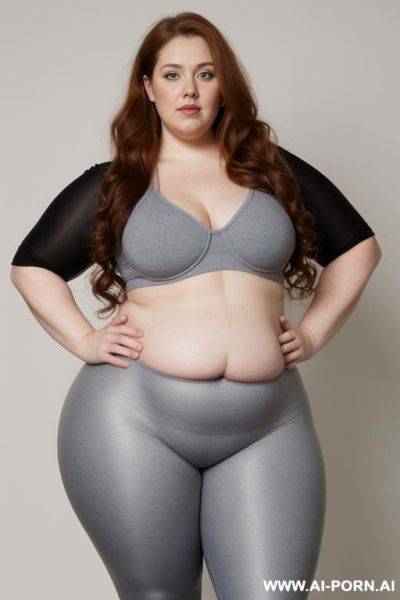 Chubby woman, half body shot close up, standing, triangular hips, thick thighs, (very obese with lovehandless and tummy), hands on hips, wearing gray leggings. dynamic angle, dynamic pose - ai-porn.ai on pornsimulated.com