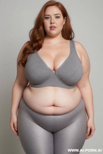 Chubby woman, half body shot close up, standing, triangular hips, thick thighs, (very obese with lovehandless and tummy), wearing gray leggings. (dynamic angle, dynamic pose). (( boobs)). - ai-porn.ai on pornsimulated.com