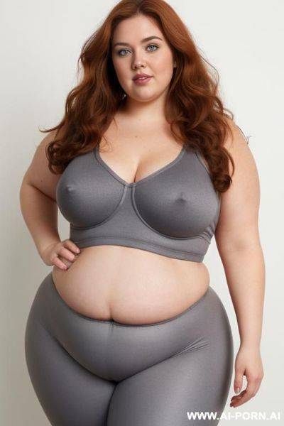 Chubby woman, half body shot close up, standing, triangular hips, thick thighs, (very obese with lovehandless and tummy), wearing gray leggings. (dynamic angle, dynamic pose). boobs. - ai-porn.ai on pornsimulated.com
