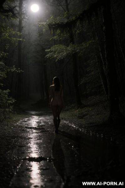 Fully nude woman, walking in the woods, hiking, head lamp, night, wet, muddy, fog, moonlight, from the front - ai-porn.ai on pornsimulated.com