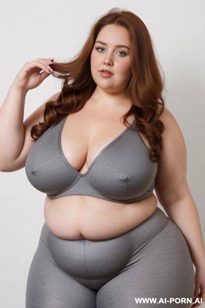 Chubby woman, half body shot close up, standing, triangular hips, thick thighs, (very obese with lovehandless and tummy), wearing gray leggings. (dynamic angle, dynamic pose) - ai-porn.ai on pornsimulated.com