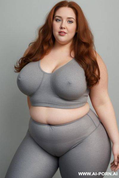 Chubby woman, half body shot close up, standing, triangular hips, thick thighs, (very obese with lovehandless and tummy), wearing gray leggings. (dynamic angle, dynamic pose). boobs. - ai-porn.ai on pornsimulated.com