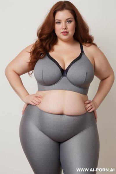 Chubby woman, half body, standing, triangular hips, thick thighs, obese with lovehandless and tummy, hands on hips, wearing gray leggings and bra - ai-porn.ai on pornsimulated.com